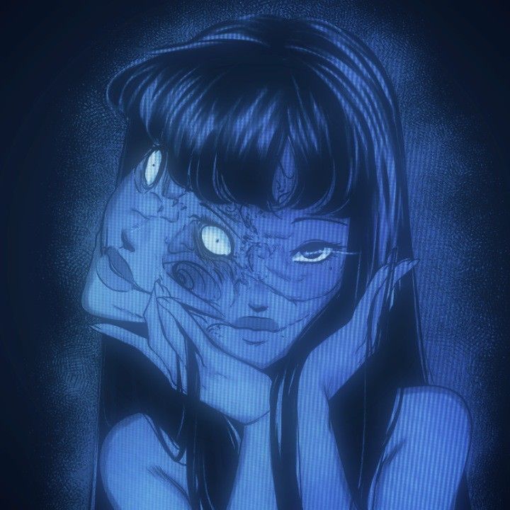 an animated image of a woman with blue eyes and black hair holding her hand to her face