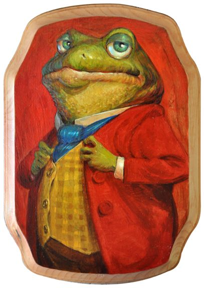 a painting of a frog wearing a red coat and holding a blue tie in his hand