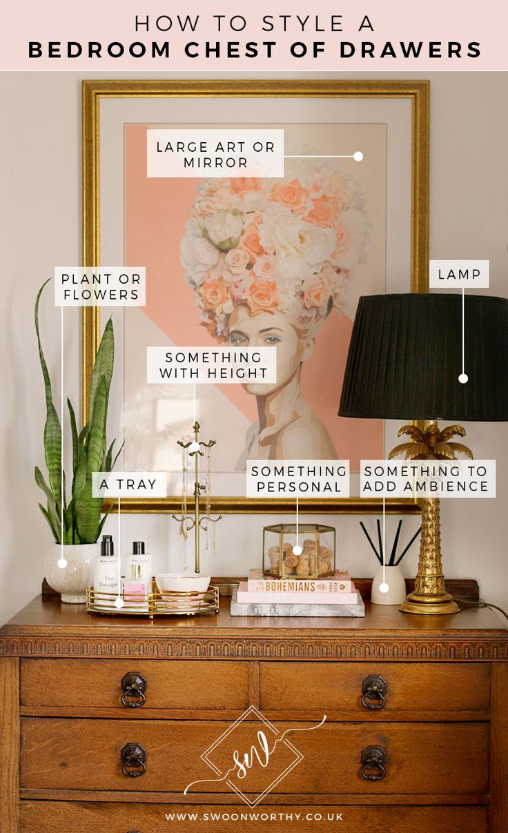 a dresser with flowers on it and the words how to style a bedroom chest of drawers