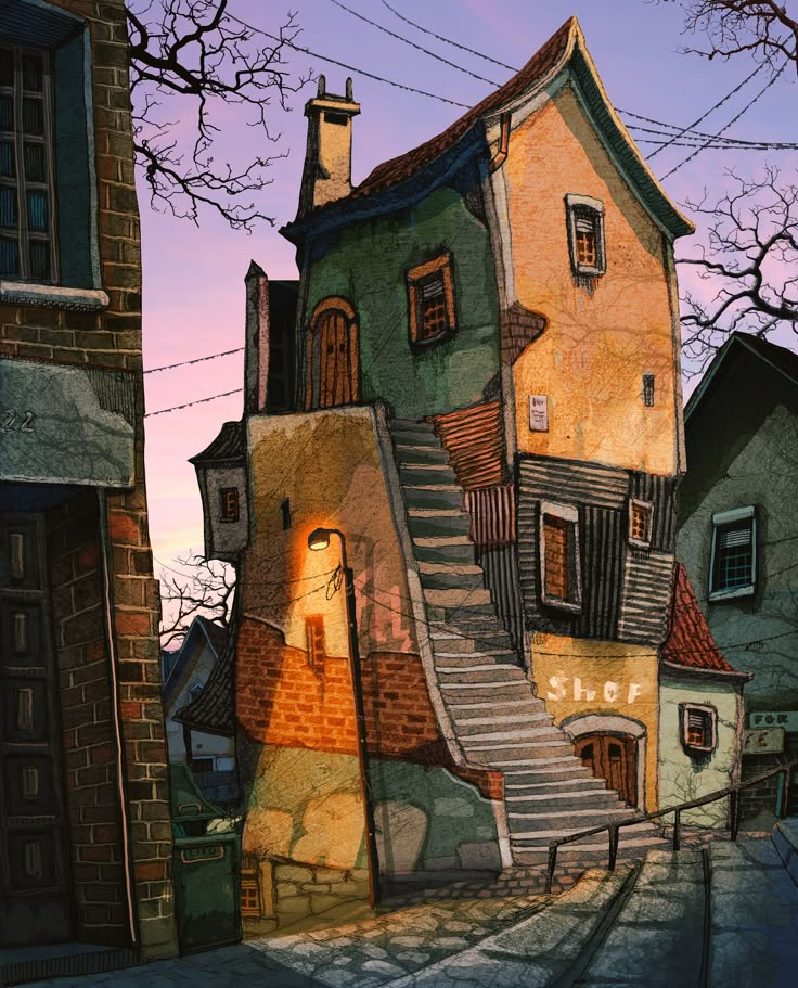 a painting of a house with stairs leading up to the top floor and another building in the background