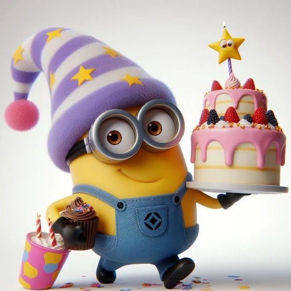 a minion holding a birthday cake and cupcake