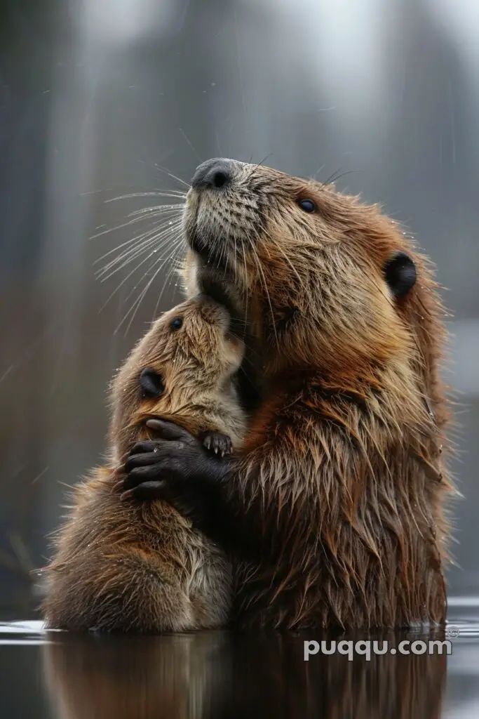 two wet otters cuddle together in the water, with their paws on each other