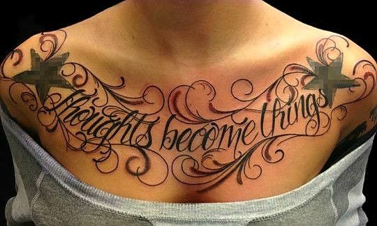 a woman's chest with the words, taught become things written on her chest