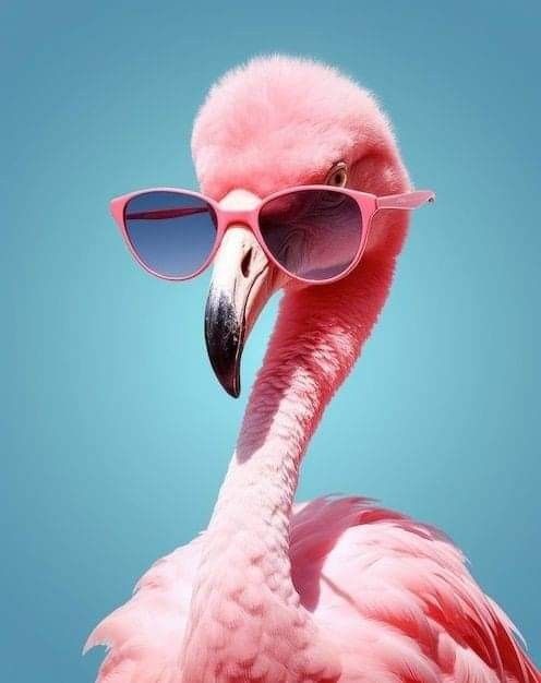 a pink flamingo with sunglasses on it's head is standing in front of a blue sky