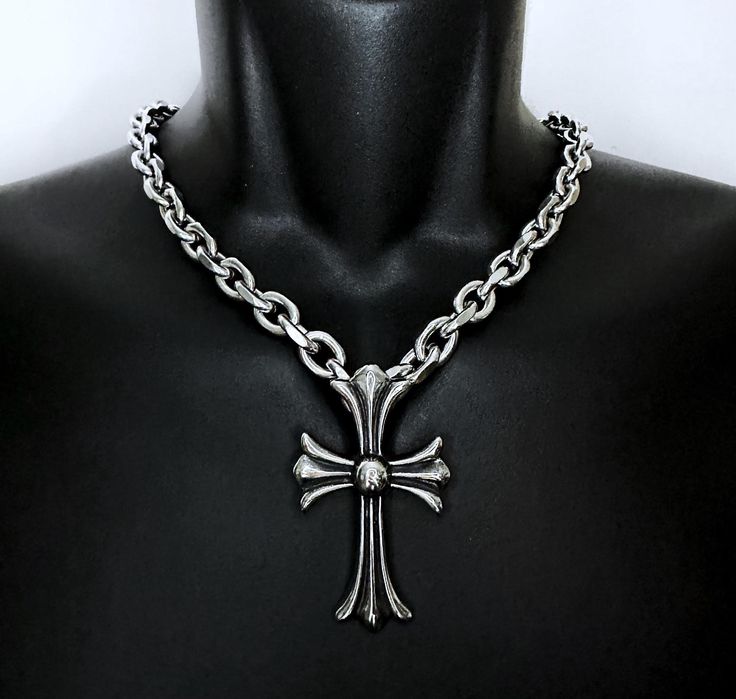 * Stainless Steel Charm & Chain * Includes a 3" extension for adjustability * Handmade in Los Angeles Black Chain Necklace Zales, Gothic Cross Chain Jewelry, Silver Gothic Jewelry With Large Cross Pendant, Cross-shaped Stainless Steel Jewelry For Streetwear, Streetwear Jewelry: Cross Pendant Chain, Statement Silver Necklace, Gothic Stainless Steel Cross Pendant Jewelry, Mens Nails, Gothic Cross