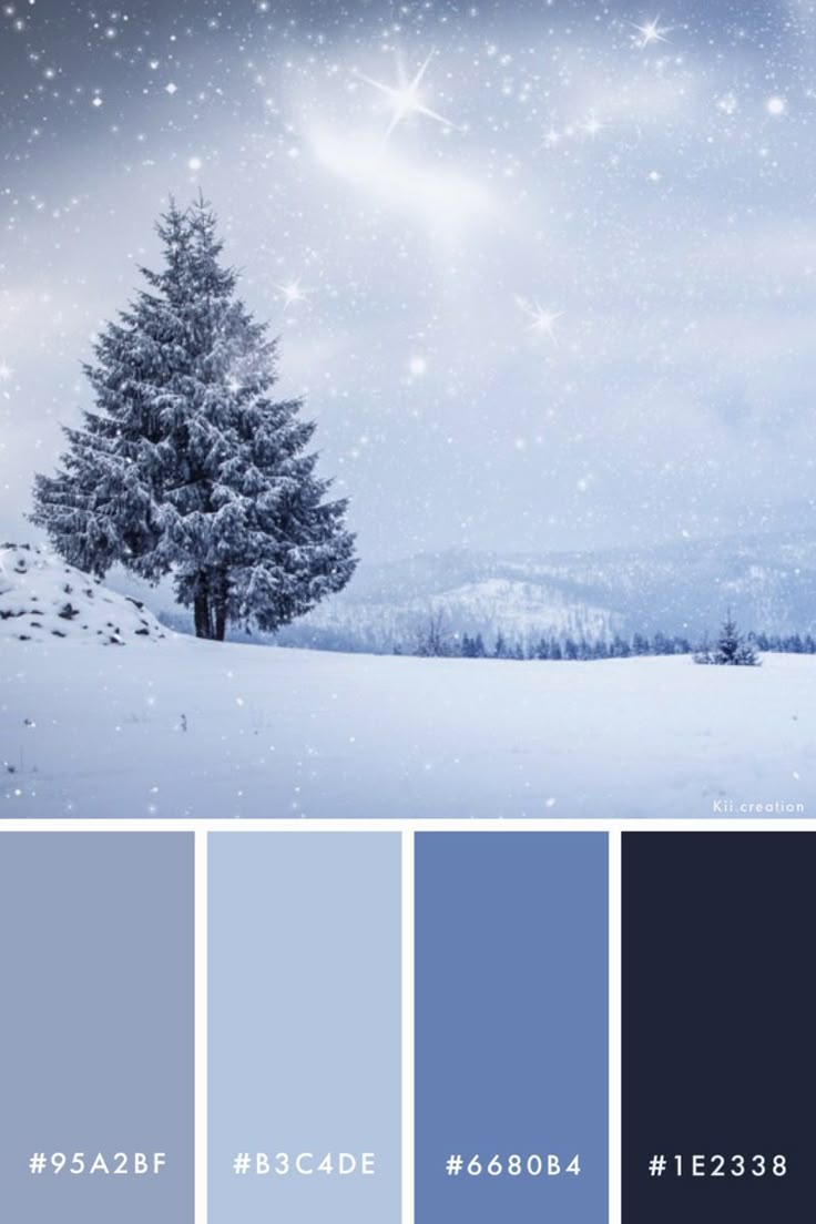 a blue and gray color palette with snow falling on the ground, trees in the background