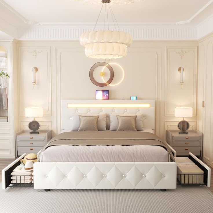 a large white bed sitting under a chandelier in a bedroom next to two nightstands