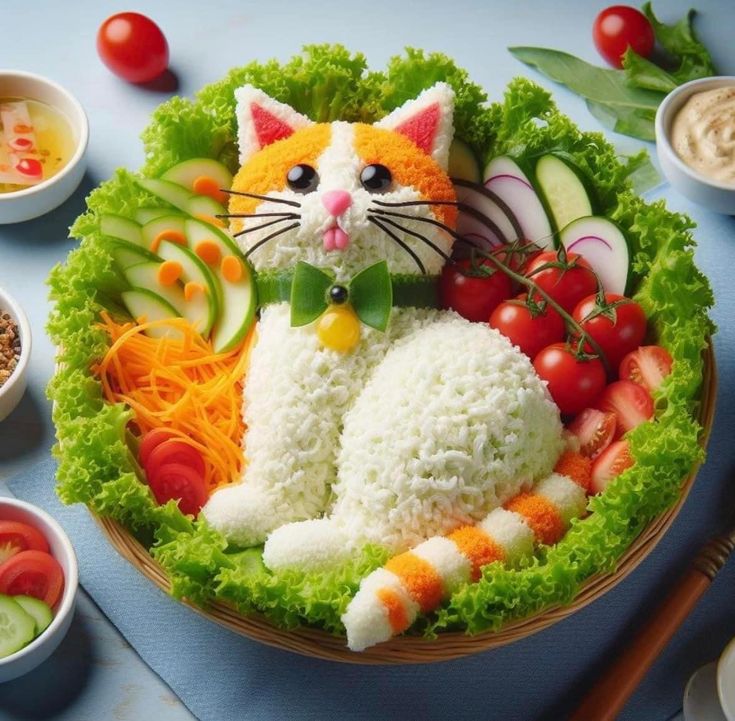 a cat made out of vegetables in a bowl on a table with other food items