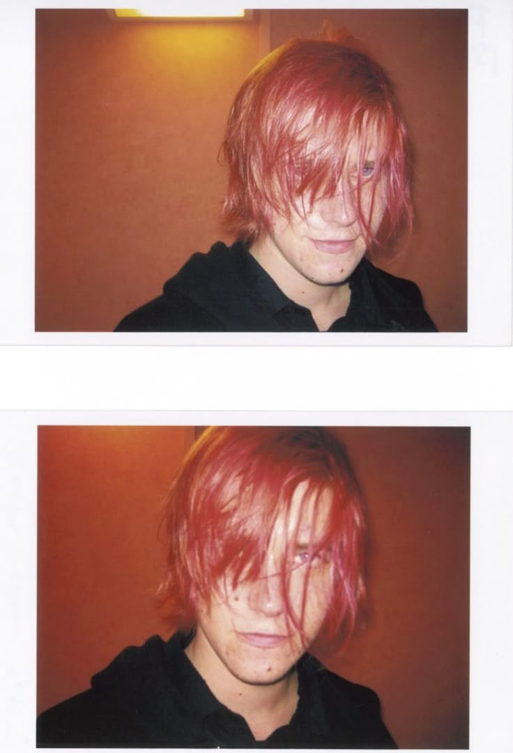 two pictures of a person with red hair