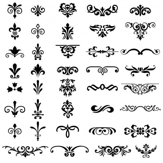 an assortment of decorative designs and swirls in black on a white background stock photo