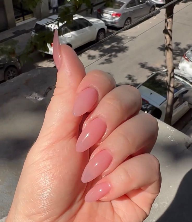 Pink Jelly Nails Acrylic Long, Transparent Pink Almond Nails, Pinkish Acrylic Nails, Elongated Almond Nails, Almond Nails Jelly Pink, Almond Nails Sheer Pink, Glossy Pink Almond Nails, Long Almond Jelly Nails, Pink Jelly Almond Nails