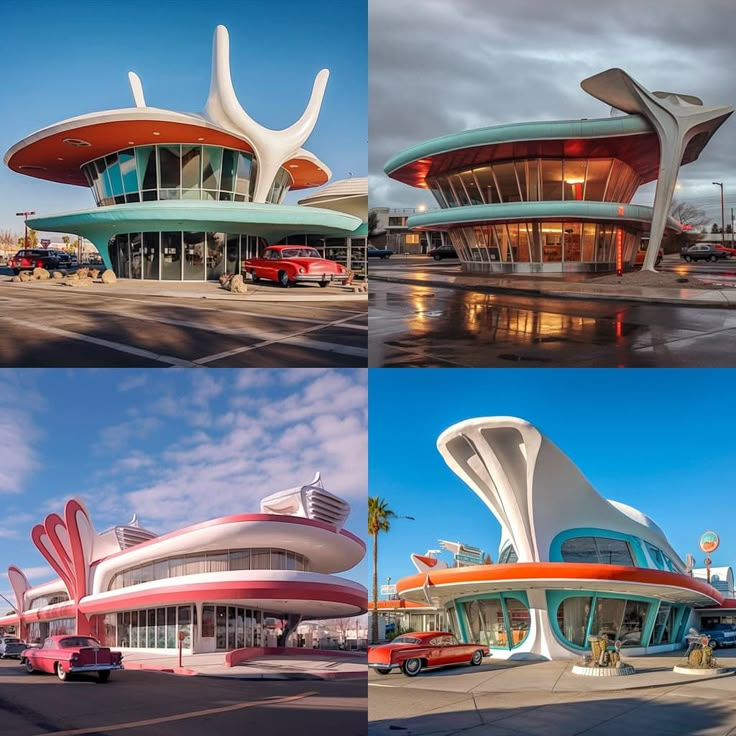 four different images of modern architecture in the same photo, one is red and white