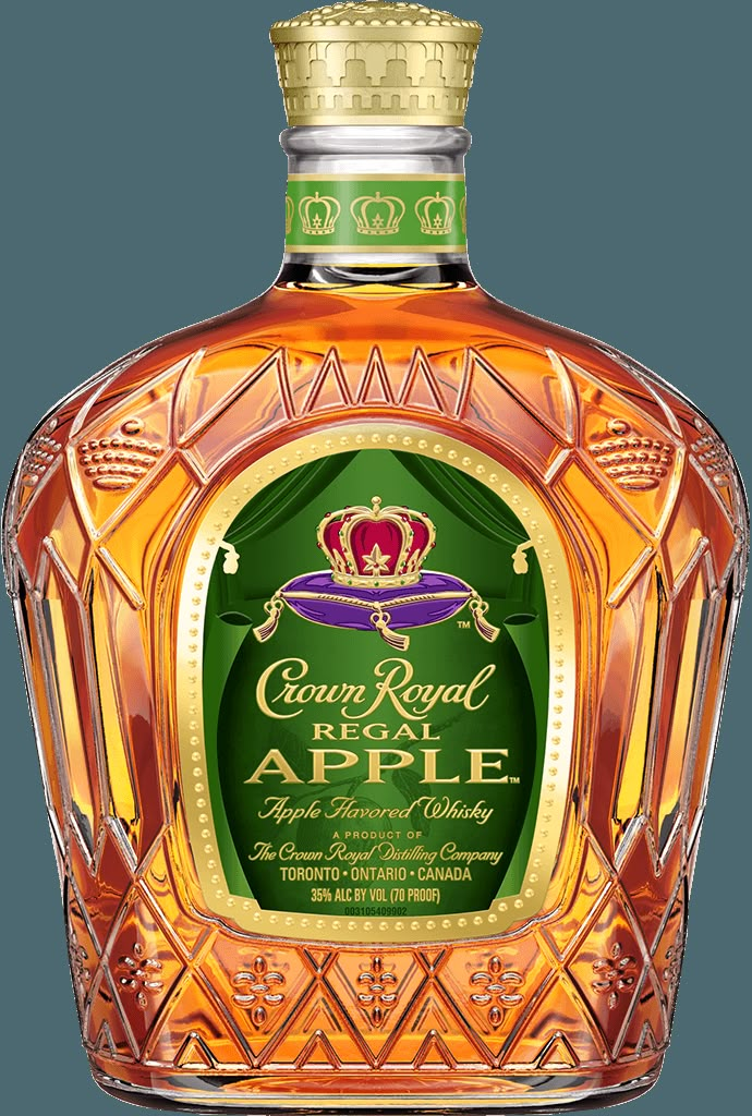 a bottle of crown royal real apple flavored whiskey on a white background with a gold cap