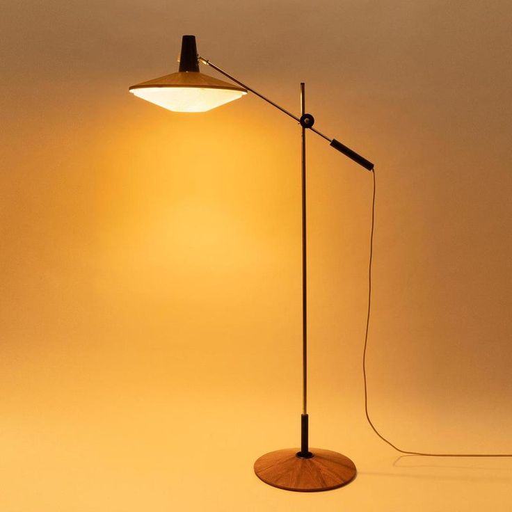 a floor lamp with a wooden base and a light bulb on the side, in front of a white background