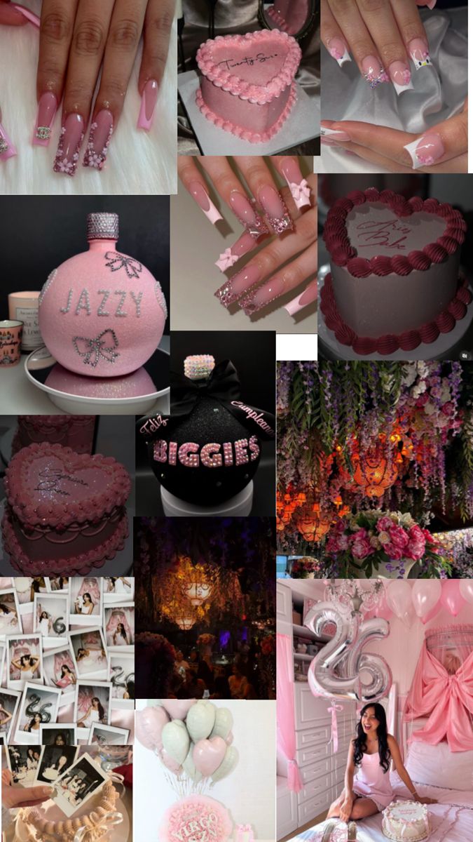 a collage of pink and white images with hearts, flowers, candles, cakes