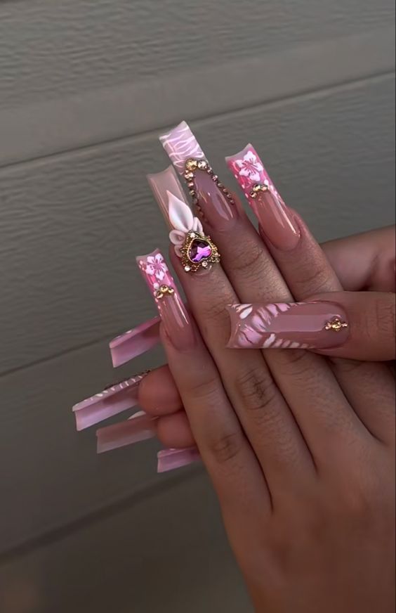 #follow #nailart #nails #nailsofinstagram #acrylicnails #longnails #beautyblog #blogging #blogger #blog Pink Nails Inspo Long, Buchifresa Nails, Latina Nail Designs Pink, Glam Birthday Nails, Freestyle Acrylic Nails, Pink Nail Sets, Beach Nails Art, Pink Christmas Nails, 2023 Nail