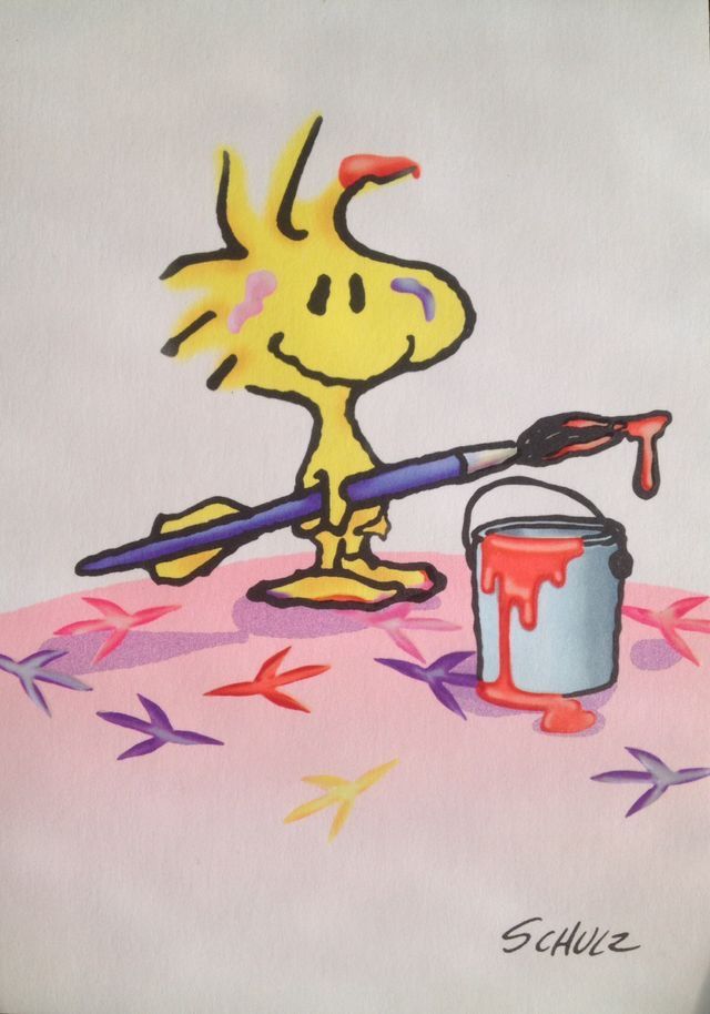 a painting of a cartoon character holding a paint can and brush with the words, let me color your day