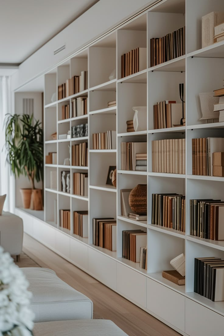 a living room filled with lots of white books