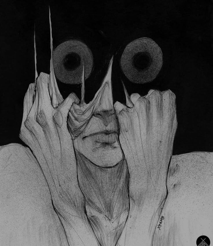 a black and white drawing of a woman covering her face with two large round eyes