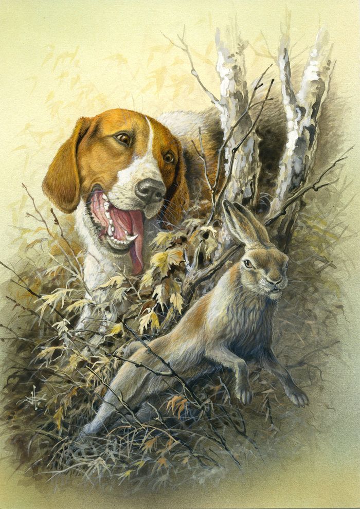 a painting of a dog and two rabbits