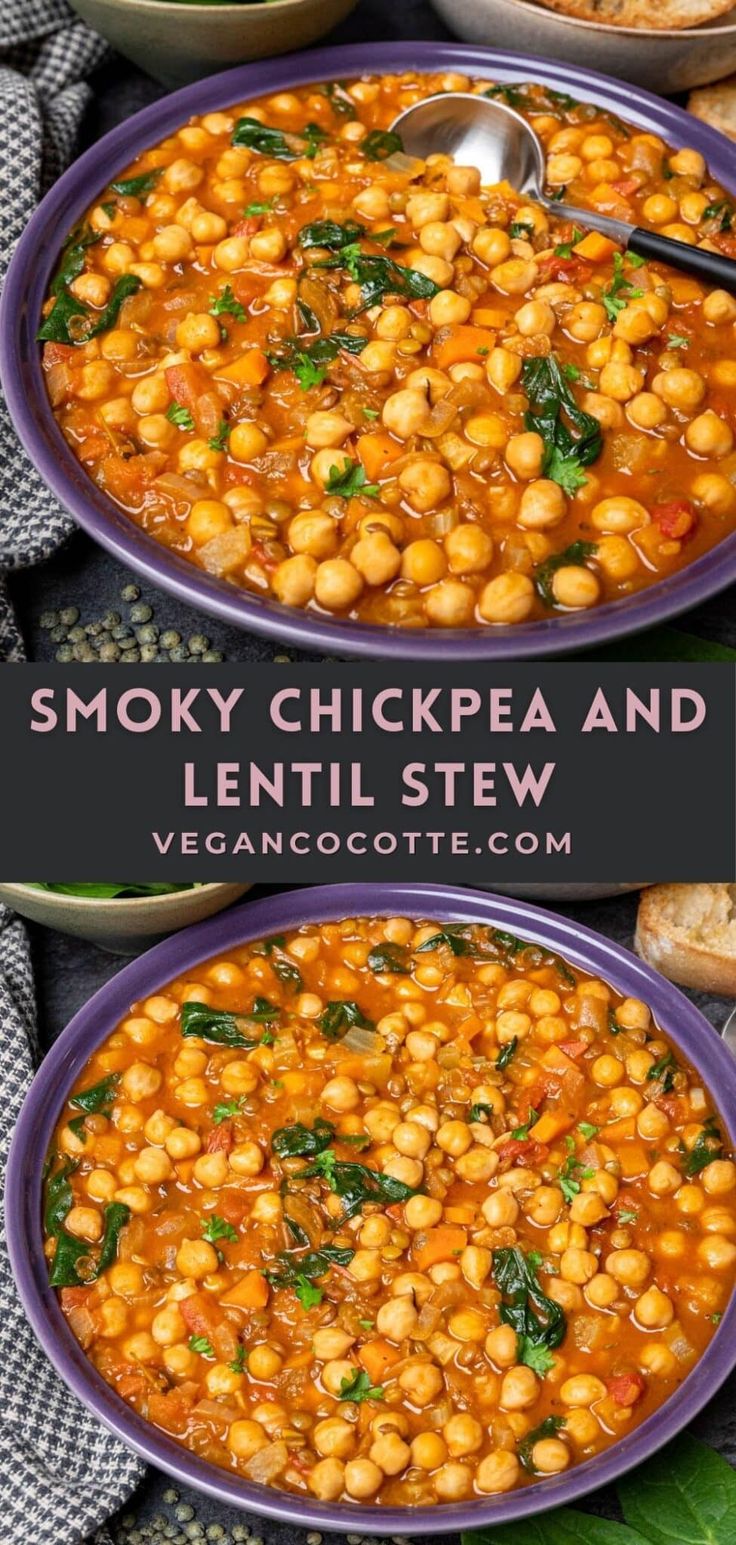 two bowls filled with smoky chickpea and lentil stew