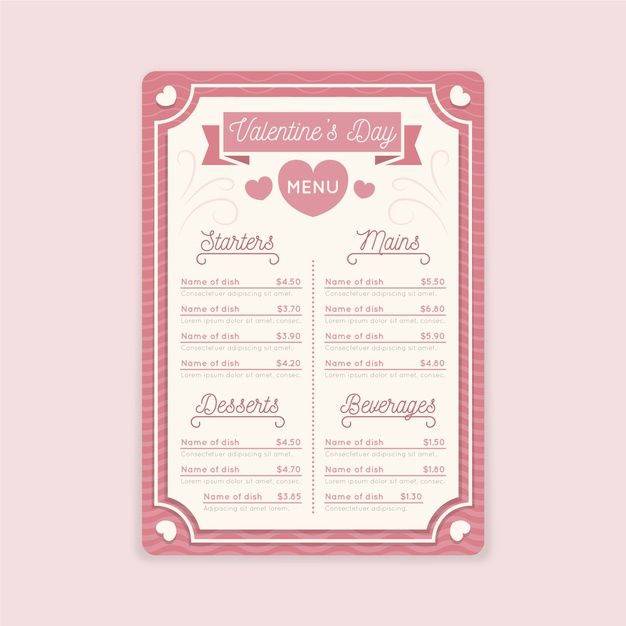 a valentine's day menu with hearts on it