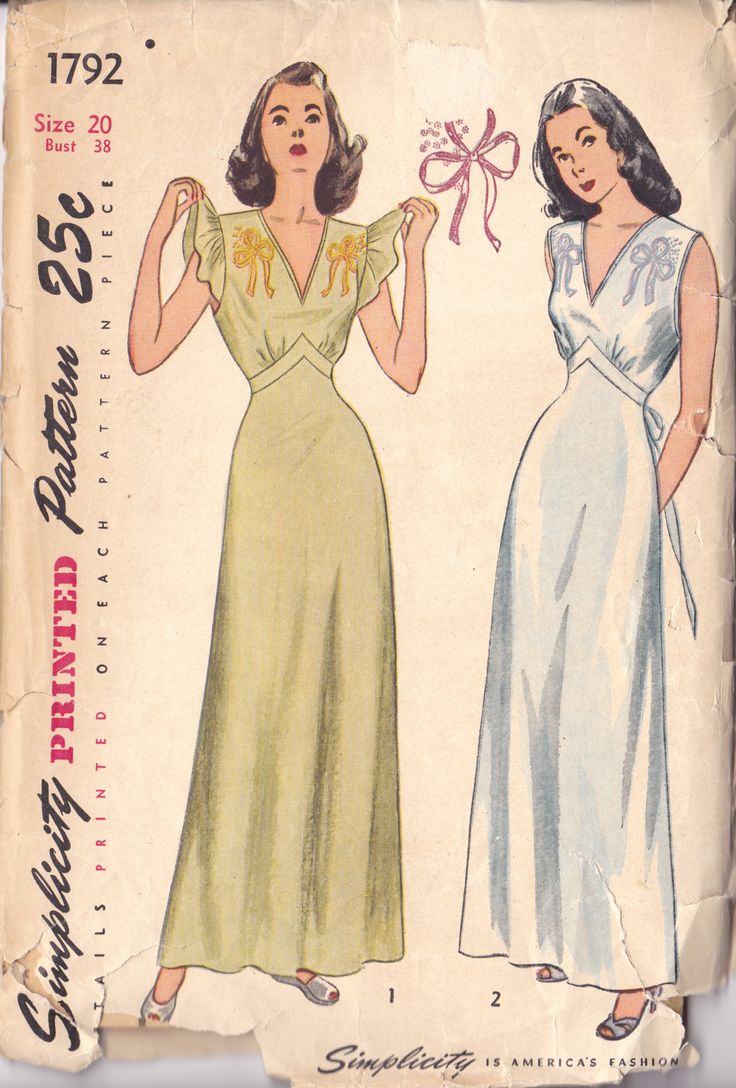 1941 Nightie Simplicity 1792 Pattern Early Vintage 1940s Nightgown, 1940s Lingerie, Nightgown Pattern, Bow Embroidery, Bias Skirt, Trendy Sewing Patterns, Retro Sewing Patterns, Fashion 1940s, Vintage Dress Patterns