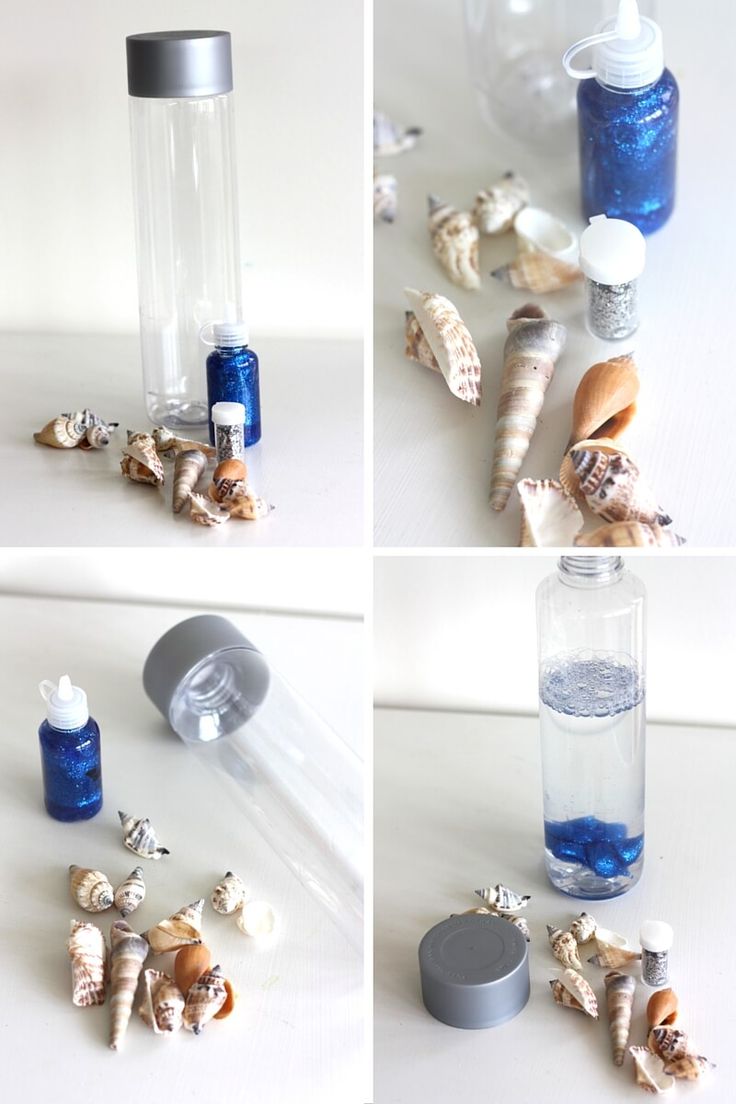 four different shots of sea shells and bottles with blue liquid in them on a white surface