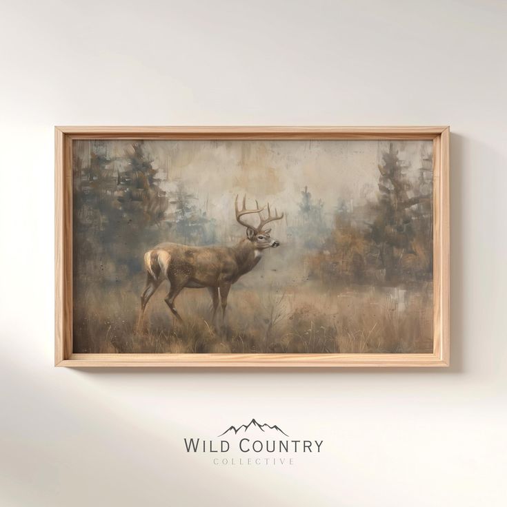 a painting of a deer in a field with trees behind it and the words wild country above it