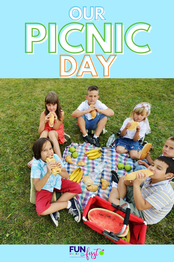 children sitting around a picnic table eating fruit and drinking watermelon, with the text our picnic day written above it