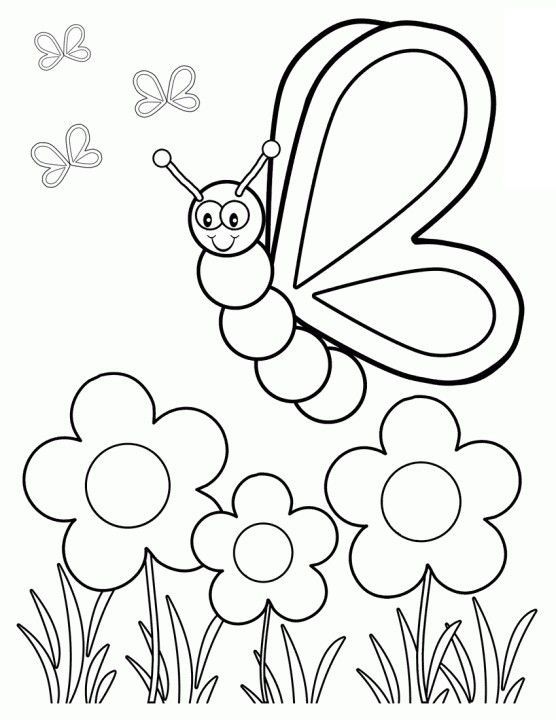 a butterfly flying over some flowers with butterflies in the sky behind it, coloring pages for kids