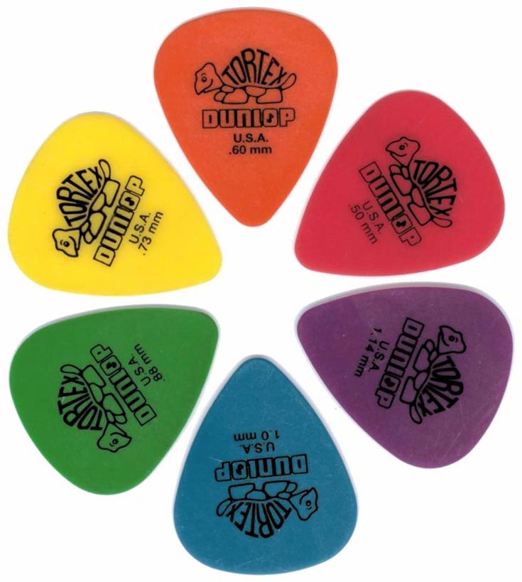 six different colored guitar picks in a circle