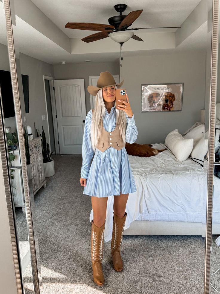 Shop Long-Sleeve Poplin Shirt Dress and other curated products on LTK, the easiest way to shop everything from your favorite creators. Styling Western Outfits, Fall Western Outfits Dresses, Formal Denim Outfits For Women, 2024 Nfr Outfits, Western Hippy Outfits, Cowboy Dress Up, Lane Boots Outfit, Cowboy Boot And Dress Outfit, Christmas Country Outfits