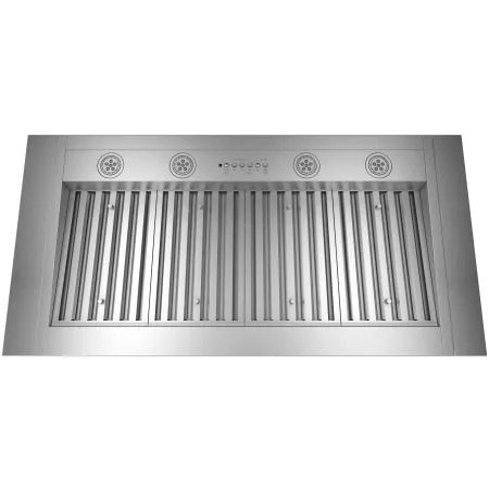 a stainless steel kitchen vent with three knobs