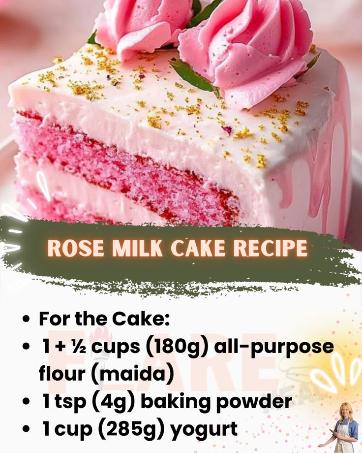 a piece of cake with pink frosting and rose petals on top, sitting on a white plate