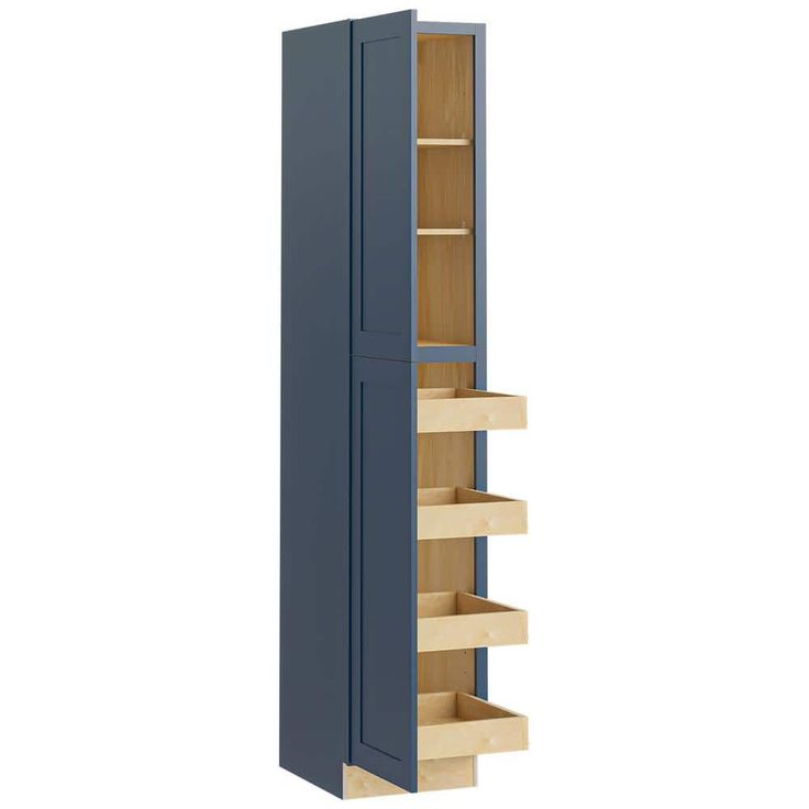 a tall gray cabinet with shelves and drawers