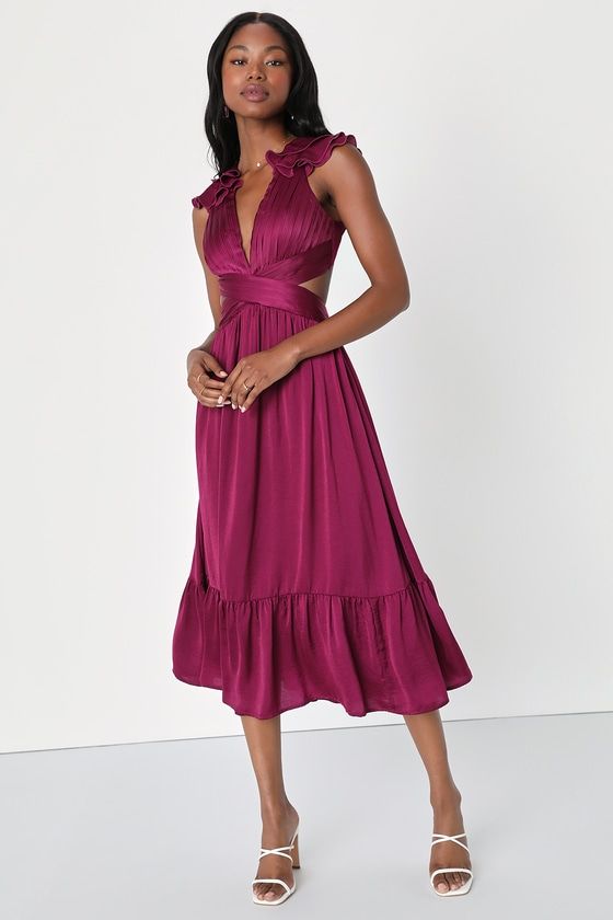 Purple Semi Formal Dresses, Chic Purple Flowy Midi Dress, Flowy Purple Midi Dress, Purple Ruffled Midi Dress, Purple Wedding Guest Dresses, Plum Midi Dress, Chic Purple V-neck Midi Dress, Midi Wedding Guest Dress, Summer Wedding Guest Dresses