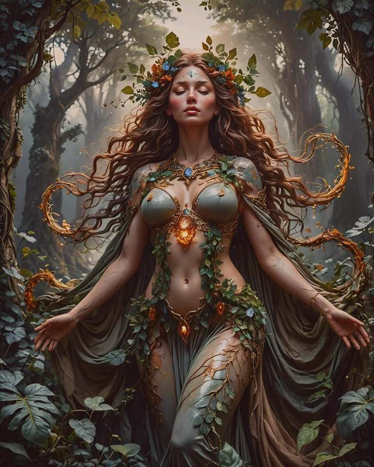 a woman with long hair and flowers on her head is standing in the middle of a forest