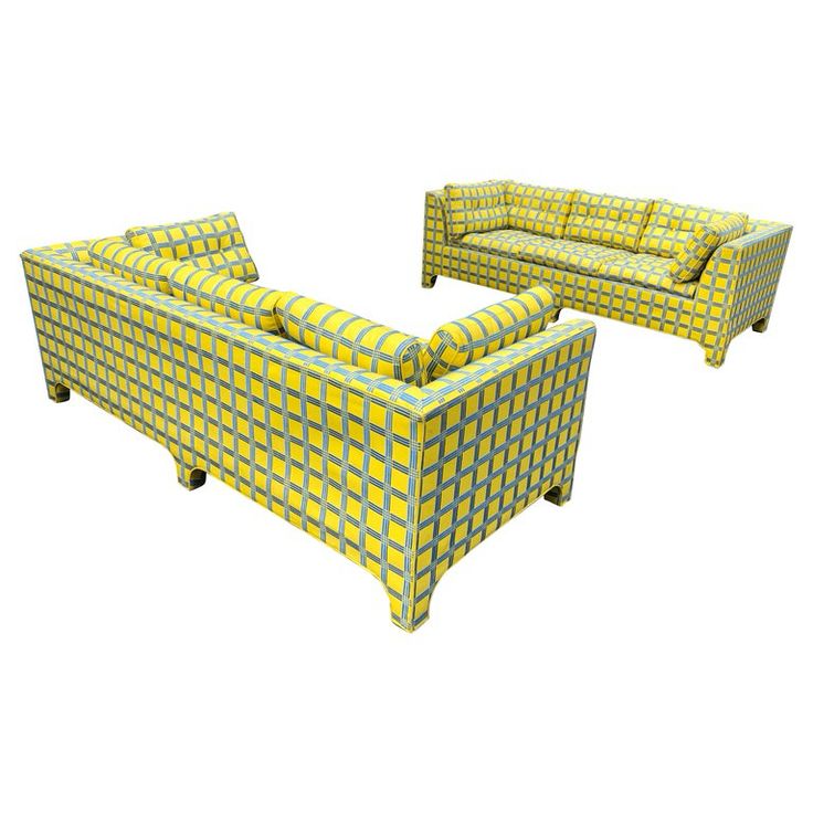 two couches and a chair are shown in yellow and blue checkered upholstered fabric