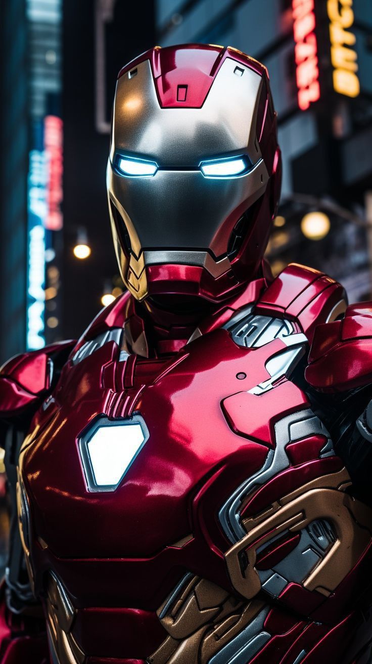 a close up of a iron man suit on display in front of a building at night