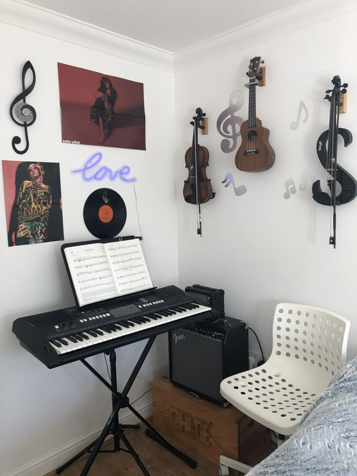 a room with musical instruments on the wall