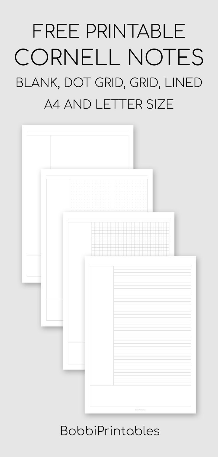 four blank notebooks with the text free printable cornell notes blank, dot grid, grid line and 4 and letter size