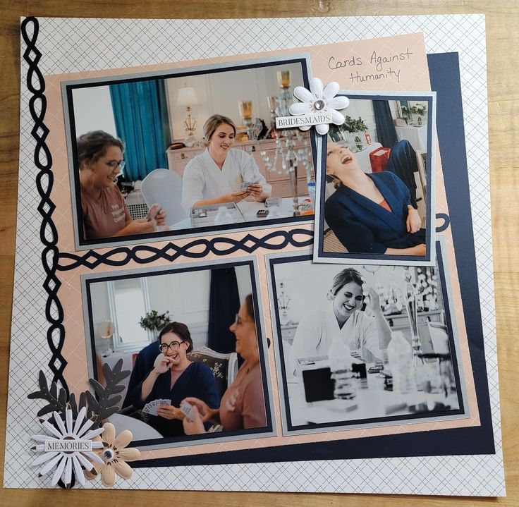 a collage of photos showing women in the kitchen and on the dining room table