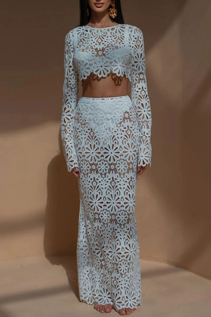 Sexy Solid Color Lace Hollow Out O Neck Long Sleeve Two Pieces Vacay Dress, Outfit References, Body Skirt, Vacation Wear, Floral Maxi Skirt, Estilo Chic, Long Sleeve Maxi, Lace Fashion, Character Outfits