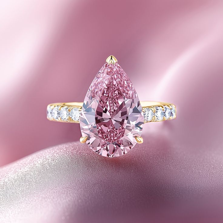 The Celina 3CT Pear Cut Pink Moissanite Ring The Celina ring captures the essence of timeless elegance with a stunning pear-shaped pink moissanite, known for its unmatched brilliance and fire. This exquisite piece showcases the beauty of moissanite, a gemstone that rivals the quality and radiance of diamonds while offering superior value. Crafted to perfection, The Celina ensures a flawless fit with true-to-US sizing and comes with the assurance of free replacements and exchanges. Whether it's t Wedding Ring Pink Diamond, Unique Pink Engagement Rings, Pink Wedding Ring, Pink Moissanite Ring, Cushion Cut Halo Ring, Pink Engagement, Blue Centerpieces, Rose Gold Moissanite Ring, Moss Agate Jewelry