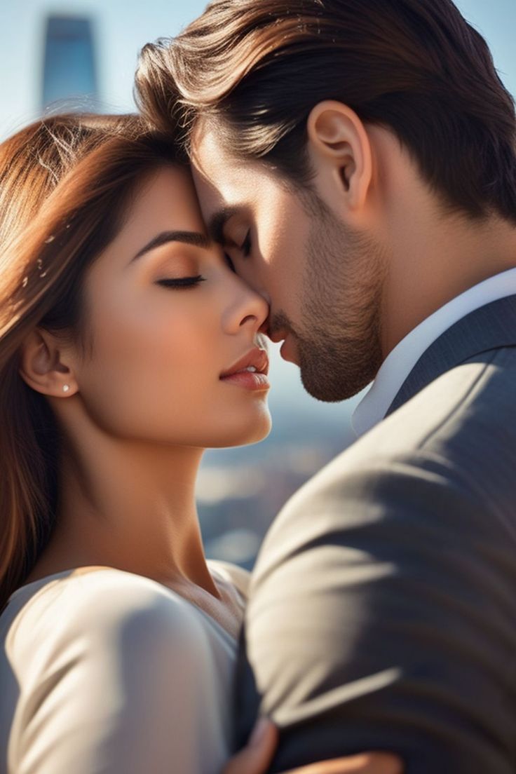 a man and woman kissing each other in front of a cityscape