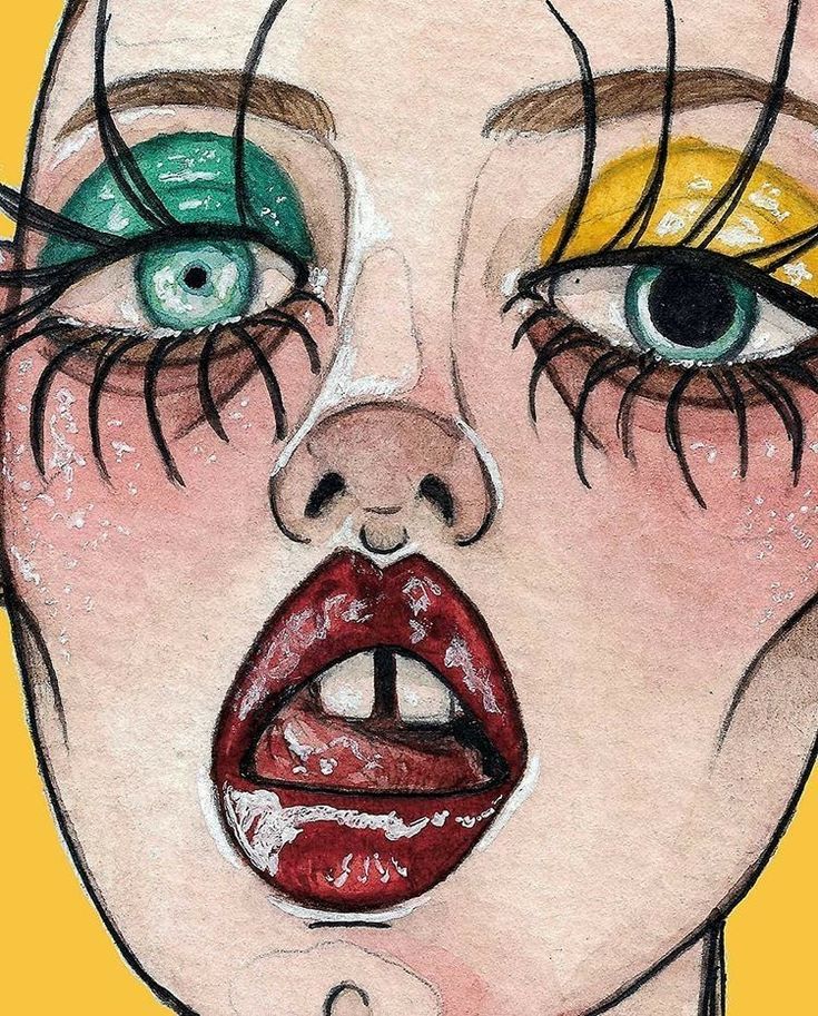 a drawing of a woman's face with green eyes and red lipstick on yellow background