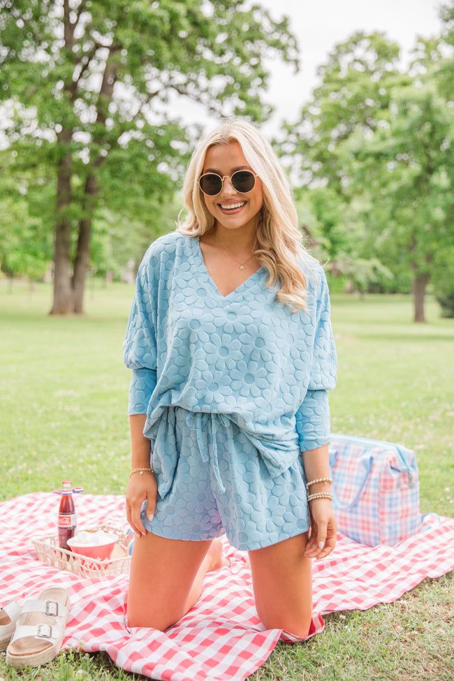 No Complaints Light Blue Floral Terry Cloth Top Blue V-neck Sleepwear For Vacation, Blue Shorts For Spring Lounging, Wedding Swimwear, Cocktail Dress Wedding Guest, Top With Shorts, Holiday Party Fashion, Plus Size Romper, Night Tops, Red Romper