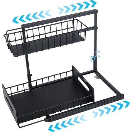 two black shelves with blue arrows on the top and bottom, one shelf is open