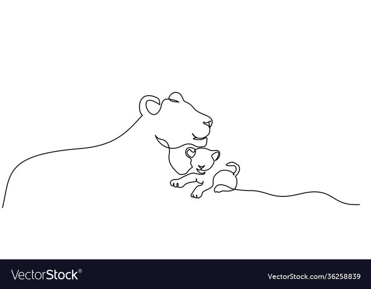 a lion and its cub are lying down on the ground in one continuous line drawing